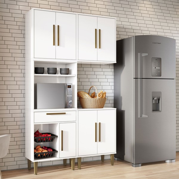 Armário de Cozinha Lorena 7 Portas 1 Gaveta com Fruteira Branco - Kaiki Móveis