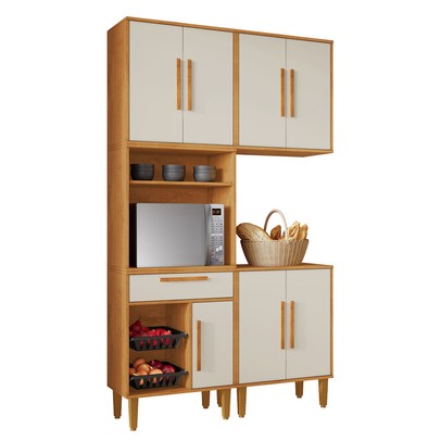 Armário de Cozinha Lorena 7 Portas 1 Gaveta com Fruteira Nature/Off White - Kaiki Móveis