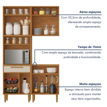 Armário de Cozinha Lorena 7 Portas 1 Gaveta com Fruteira Nature/Off White - Kaiki Móveis