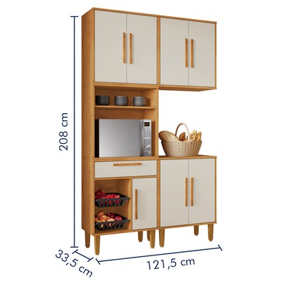 Armário de Cozinha Lorena 7 Portas 1 Gaveta com Fruteira Nature/Off White - Kaiki Móveis