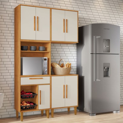 Armário de Cozinha Lorena 7 Portas 1 Gaveta com Fruteira Nature/Off White - Kaiki Móveis