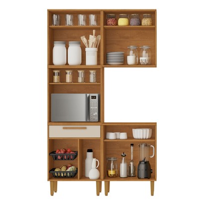Armário de Cozinha Lorena 7 Portas 1 Gaveta com Fruteira Nature/Off White - Kaiki Móveis