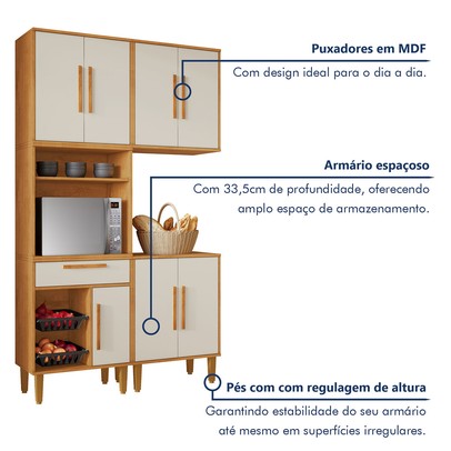 Armário de Cozinha Lorena 7 Portas 1 Gaveta com Fruteira Nature/Off White - Kaiki Móveis