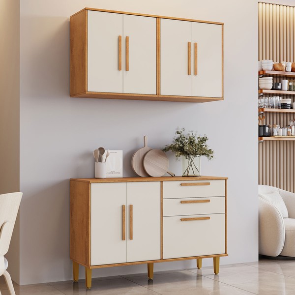 Cozinha Compacta Lorena 7 Portas 3 Gavetas Branco Nature/Off White - Kaiki Móveis