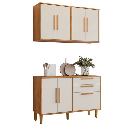 Cozinha Compacta Lorena 7 Portas 3 Gavetas Branco Nature/Off White - Kaiki Móveis