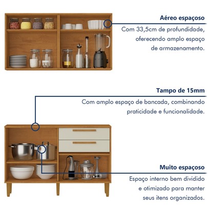 Cozinha Compacta Lorena 7 Portas 3 Gavetas Branco Nature/Off White - Kaiki Móveis