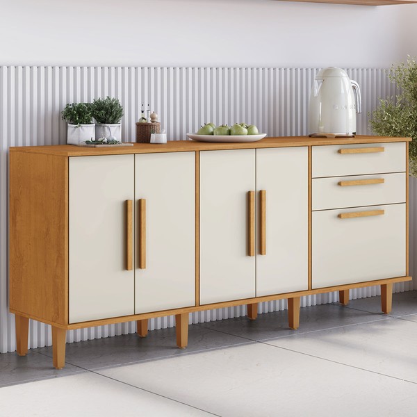 Balcão de Cozinha Lorena 5 Portas 2 Gavetas Nature/Off White - Kaiki Móveis