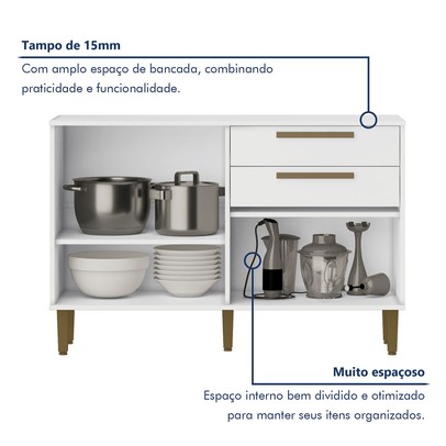 Balcão de Cozinha Lorena 3 Portas 2 Gavetas Branco - Kaiki Móveis