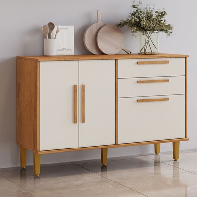 Balcão de Cozinha Lorena 3 Portas 2 Gavetas Nature/Off White - Kaiki Móveis