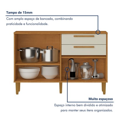 Balcão de Cozinha Lorena 3 Portas 2 Gavetas Nature/Off White - Kaiki Móveis