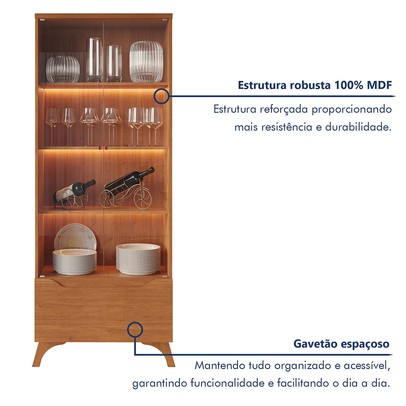 Cristalera Grécia New 2 Portas 1 Gaveta com Vidro e Led Naturalle - Mavaular