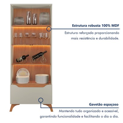 Cristalera Grécia New 2 Portas 1 Gaveta com Vidro e Led Off White/Naturalle - Mavaular