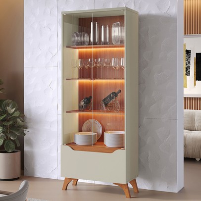 Cristalera Grécia New 2 Portas 1 Gaveta com Vidro e Led Off White/Naturalle - Mavaular