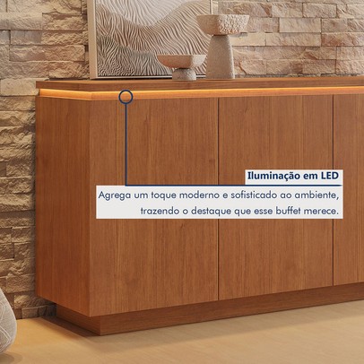 Balcão Buffet Lux 4 Portas 1 Prateleira com Led 100% Mdf Naturalle - Mavaular