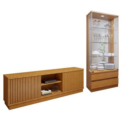 Sala de Estar Completa Lisboa Logan 4 Portas 2 Gavetas com Vidro 100% Mdf com Led Naturale - Mavaular