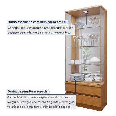 Sala de Estar Completa Lisboa Logan 4 Portas 2 Gavetas com Vidro 100% Mdf com Led Naturale - Mavaular