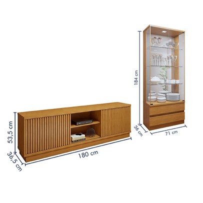 Sala de Estar Completa Lisboa Logan 4 Portas 2 Gavetas com Vidro 100% Mdf com Led Naturale - Mavaular