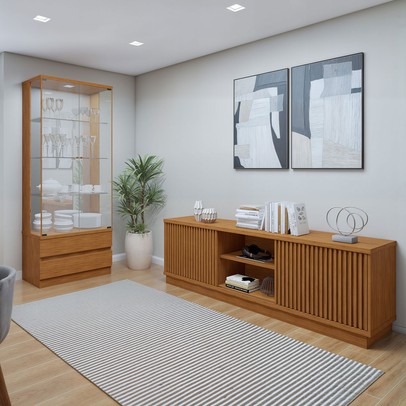 Sala de Estar Completa Lisboa Logan 4 Portas 2 Gavetas com Vidro 100% Mdf com Led Naturale - Mavaular