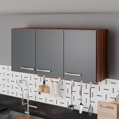 Armário Aéreo Cozinha Genebra 3 Portas Castanho/Cinza - Pnr Móveis