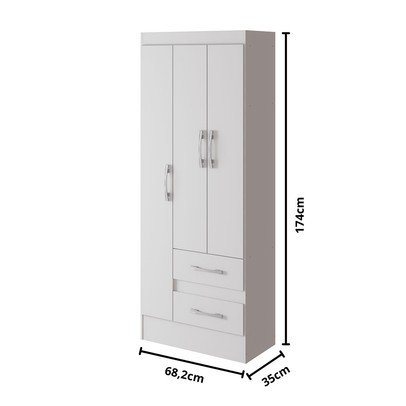 Guarda-Roupa Solteiro Sartori 3 Portas 2 Gavetas  Branco - Pnr Móveis