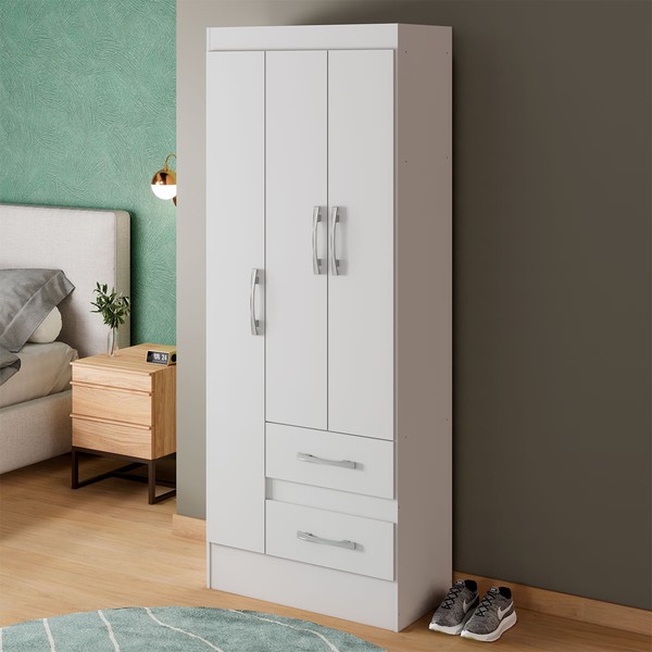 Guarda-Roupa Solteiro Sartori 3 Portas 2 Gavetas  Branco - Pnr Móveis