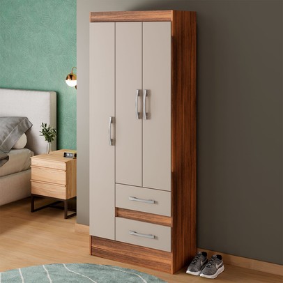 Guarda-Roupa Solteiro Sartori 3 Portas 2 Gavetas  Castanho/Off White - Pnr Móveis