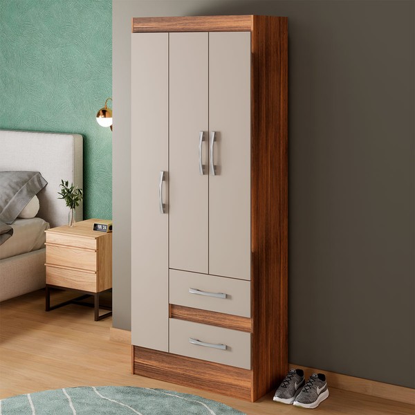 Guarda-Roupa Solteiro Sartori 3 Portas 2 Gavetas  Castanho/Off White - Pnr Móveis