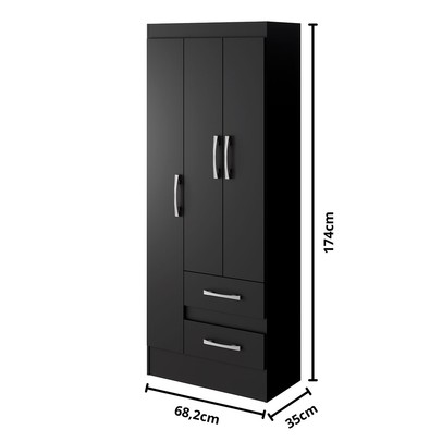 Guarda-Roupa Solteiro Sartori 3 Portas 2 Gavetas  Preto - Pnr Móveis
