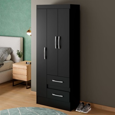 Guarda-Roupa Solteiro Sartori 3 Portas 2 Gavetas  Preto - Pnr Móveis