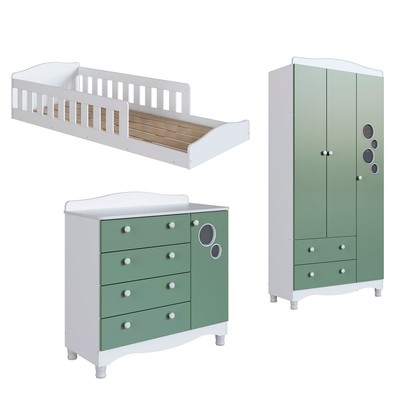 Quarto Infantil Completo Aquarela 4 Portas 6 Gavetas Branco/Verde - Pnr Móveis