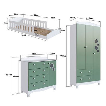 Quarto Infantil Completo Aquarela 4 Portas 6 Gavetas Branco/Verde - Pnr Móveis