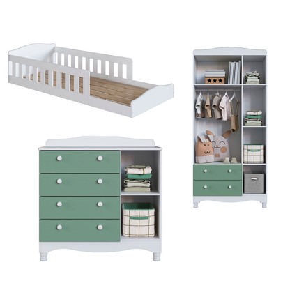 Quarto Infantil Completo Aquarela 4 Portas 6 Gavetas Branco/Verde - Pnr Móveis