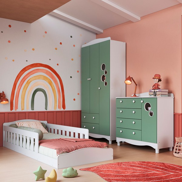 Quarto Infantil Completo Aquarela 4 Portas 6 Gavetas Branco/Verde - Pnr Móveis