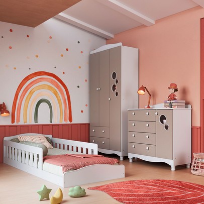 Quarto Infantil Completo Aquarela 4 Portas 6 Gavetas Branco/Cinnamon - Pnr Móveis