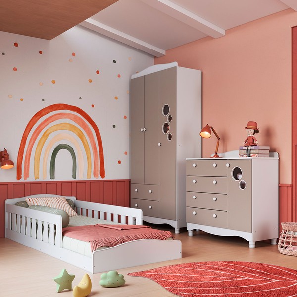 Quarto Infantil Completo Aquarela 4 Portas 6 Gavetas Branco/Cinnamon - Pnr Móveis