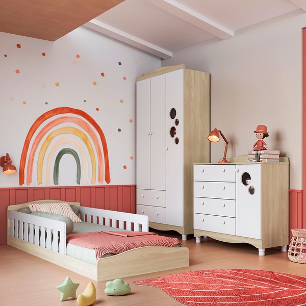 Quarto Infantil Completo Aquarela 4 Portas 6 Gavetas Carvalho Araguaia/Branco - Pnr Móveis