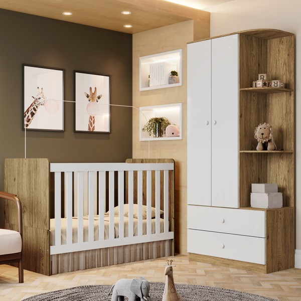 Quarto de Bebê Completo Hope 2 Portas 2 Gavetas Rústico/Branco - Pnr Móveis