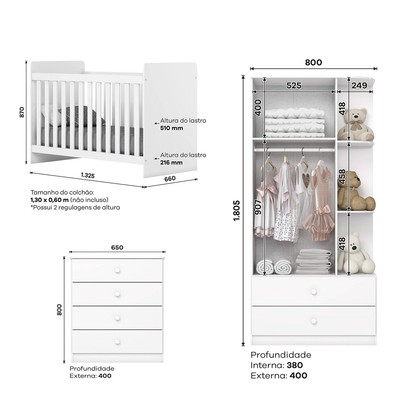 Quarto de Bebê Completo Hope 2 Portas 6 Gavetas Ie02 Branco - Pnr Móveis
