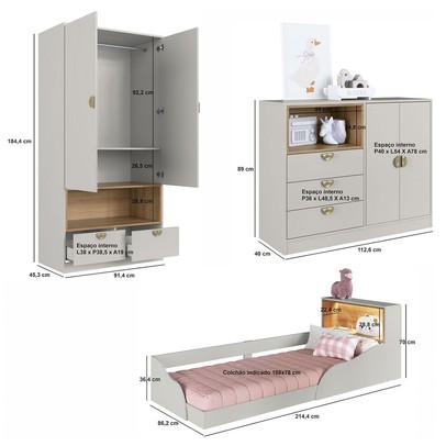 Quarto Infantil Completo Montessoriana Lille 4 Portas 5 Gavetas com Led Arenas - Art In Móveis