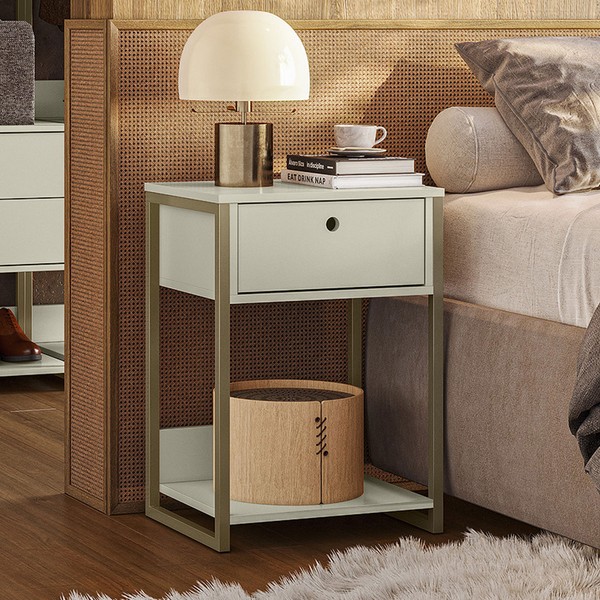 Mesa de Cabeceira Industrial Anubis 1 Gaveta Off White - Pnr Móveis