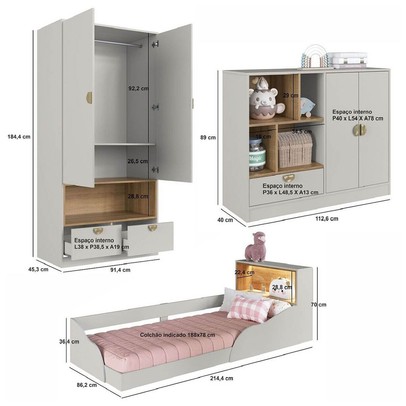 Quarto Infantil Completo Montessoriana Lille 4 Porta 3 Gavetas com Led Arenas - Art In Móveis