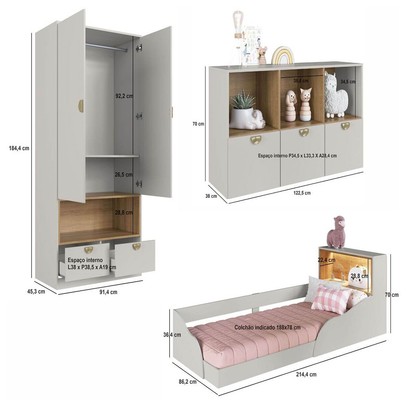 Quarto Infantil Completo Montessoriana Lille 2 Portas 5 Gavetas com Led Arenas - Art In Móveis