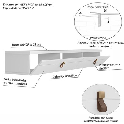 Rack para TV Até 55 Polegadas Nuke 2 Portas Branco - Pnr Móveis