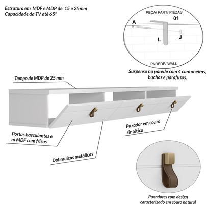 Rack para TV Até 65 Polegadas Suspenso Nuke 3 Portas Branco - Pnr Móveis