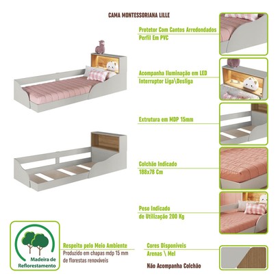 Quarto Infantil Completo Montessoriana Lille 2 Portas 2 Gavetas com Led Arenas - Art In Móveis