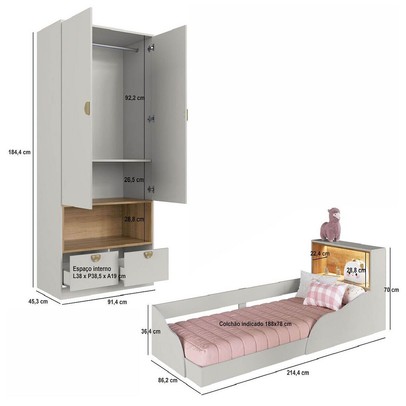 Quarto Infantil Completo Montessoriana Lille 2 Portas 2 Gavetas com Led Arenas - Art In Móveis