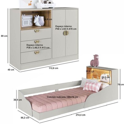 Quarto Infantil Completo Montessoriana Lille 2 Portas 3 Gavetas com Led Arenas - Art In Móveis