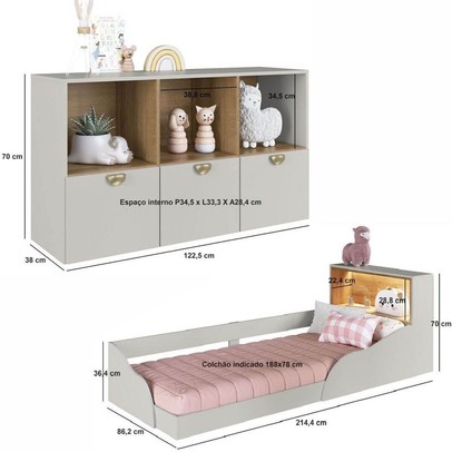 Quarto Infantil Completo Montessoriana Lilie 3 Gavetas com Led Arenas - Art In Móveis