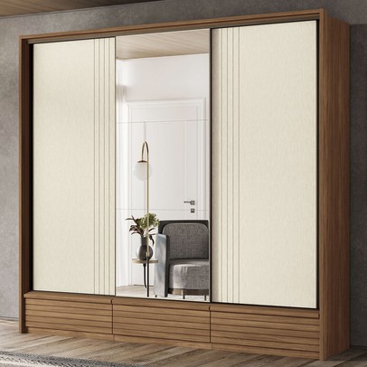 Guarda-Roupa Casal Democrata 3 Portas 5 Gavetas com Espelho Ripado Flex Jatoba/Areia - Santos Andira