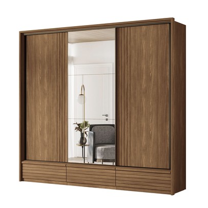 Guarda-Roupa Casal Democrata 3 Portas 5 Gavetas com Espelho Ripado Flex Jatoba/Areia - Santos Andira